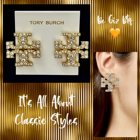 Tory Burch Authentic Kira Crystal Pave Tory Logo Gold Bold Stud Earrings - Picture 1 of 13